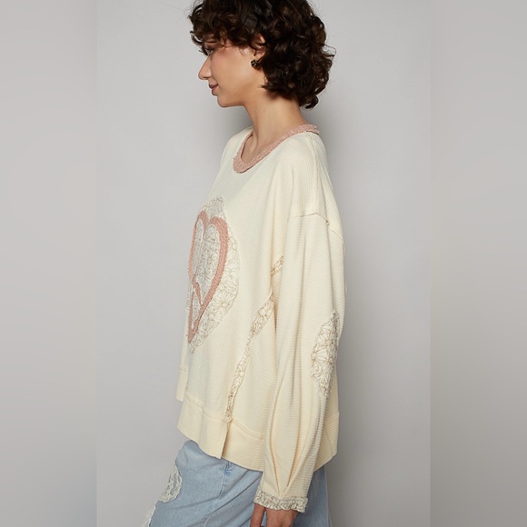 P29. NEW POL Boho Patchwork Heart Peace Knit Relaxed Vintage Wash Cream New Item - Picture 6 of 7